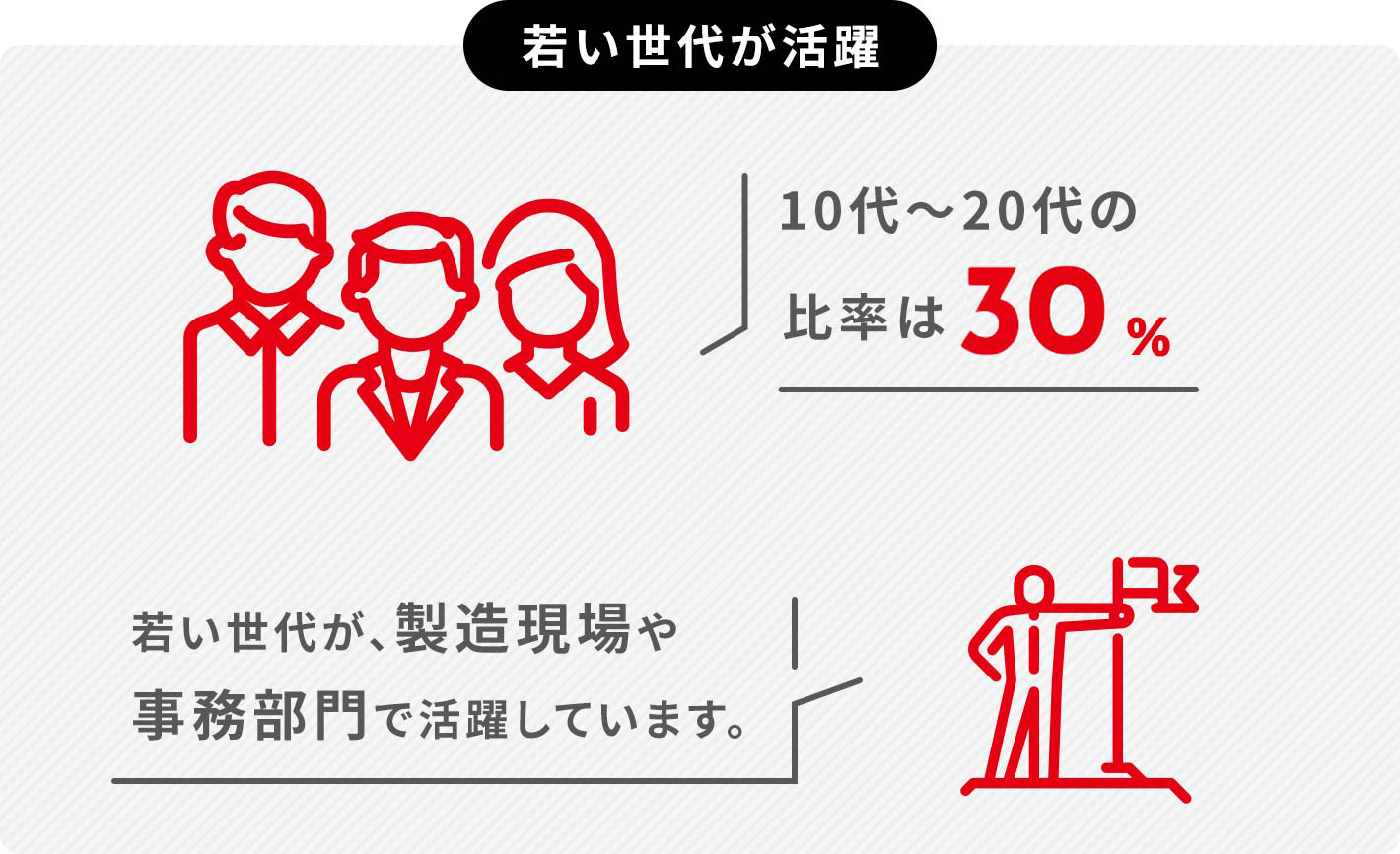 若い世代が活躍 10代～20代の比率は30% 若い世代が、製造現場や事務部門で活躍しています。
